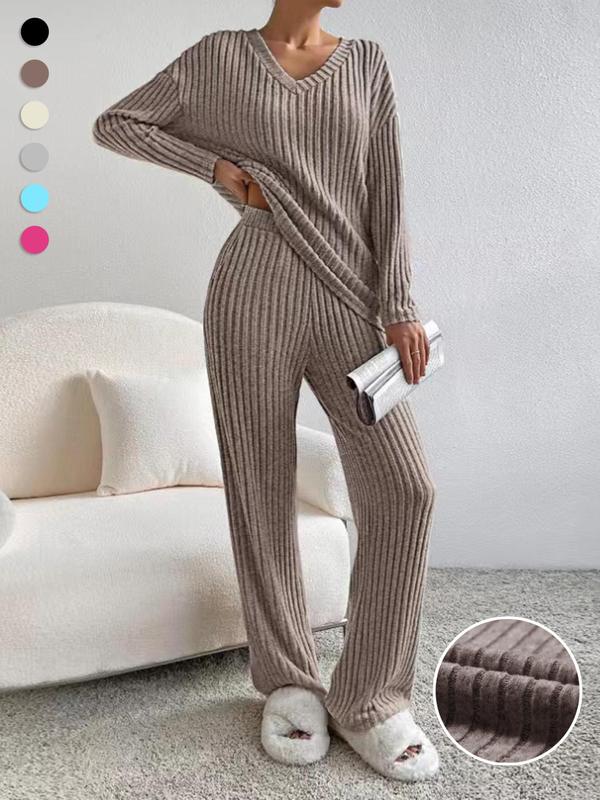 SUMMER™ - Casual V-Neck Long Sleeve Top & Straight Leg Lounge Pants Set