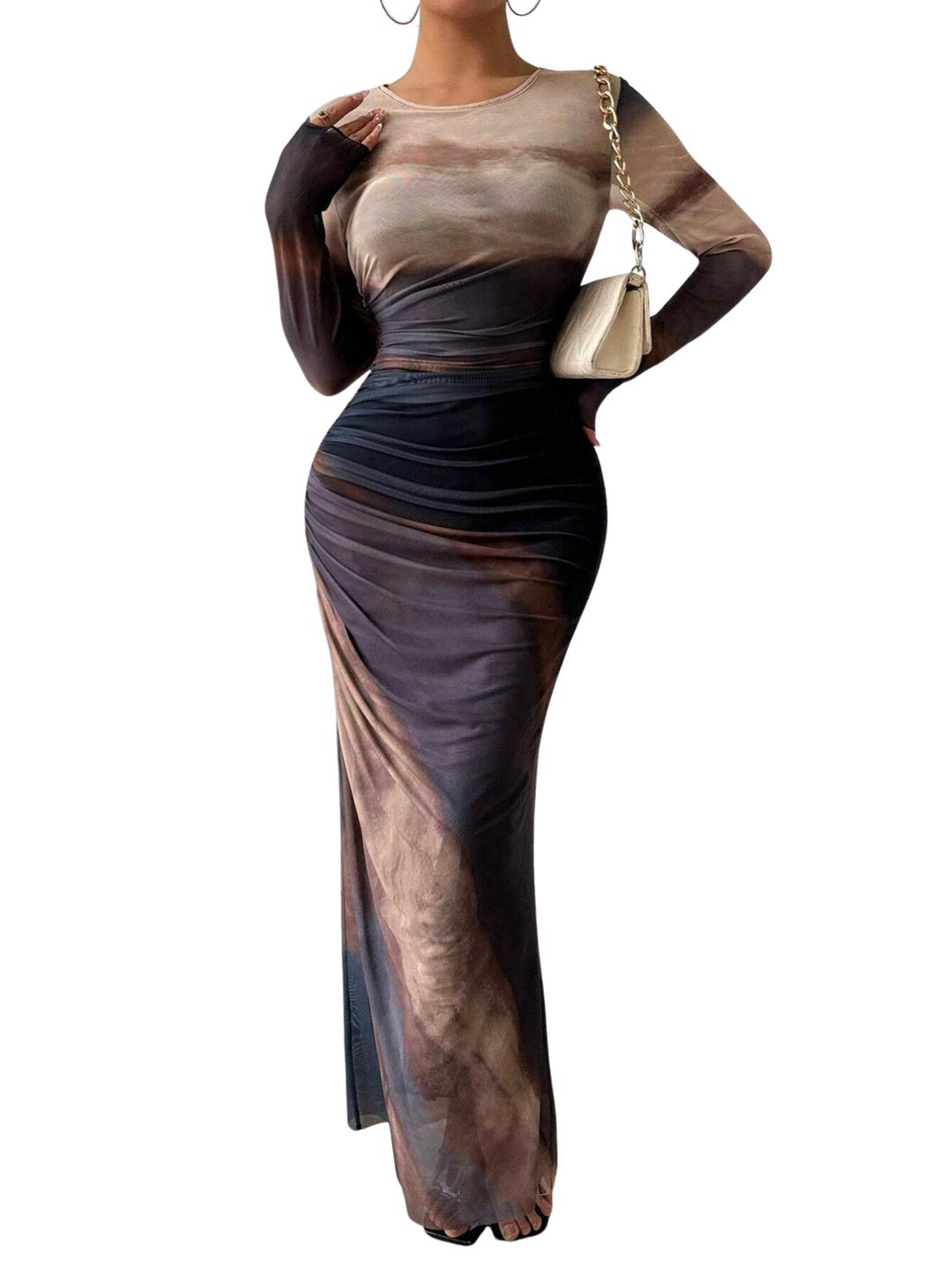 TESSIE™ - Women's All-Over Print Ruched Bodycon Dress Long Sleeve Round Neck Dress for Party