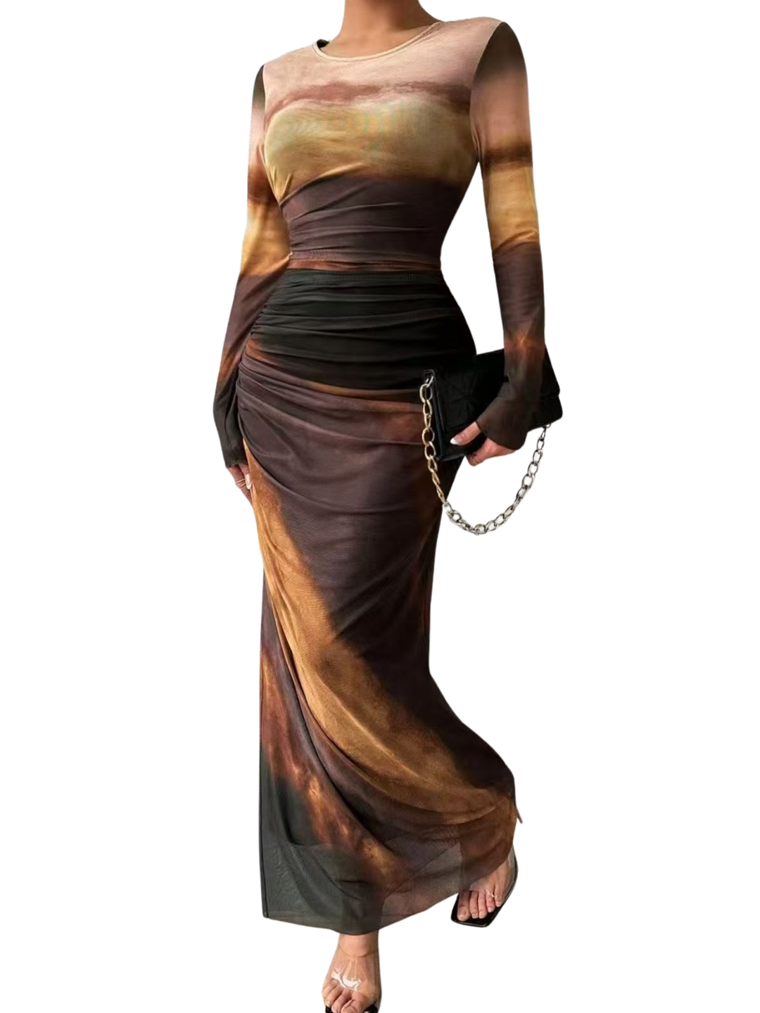 TESSIE™ - Women's All-Over Print Ruched Bodycon Dress Long Sleeve Round Neck Dress for Party