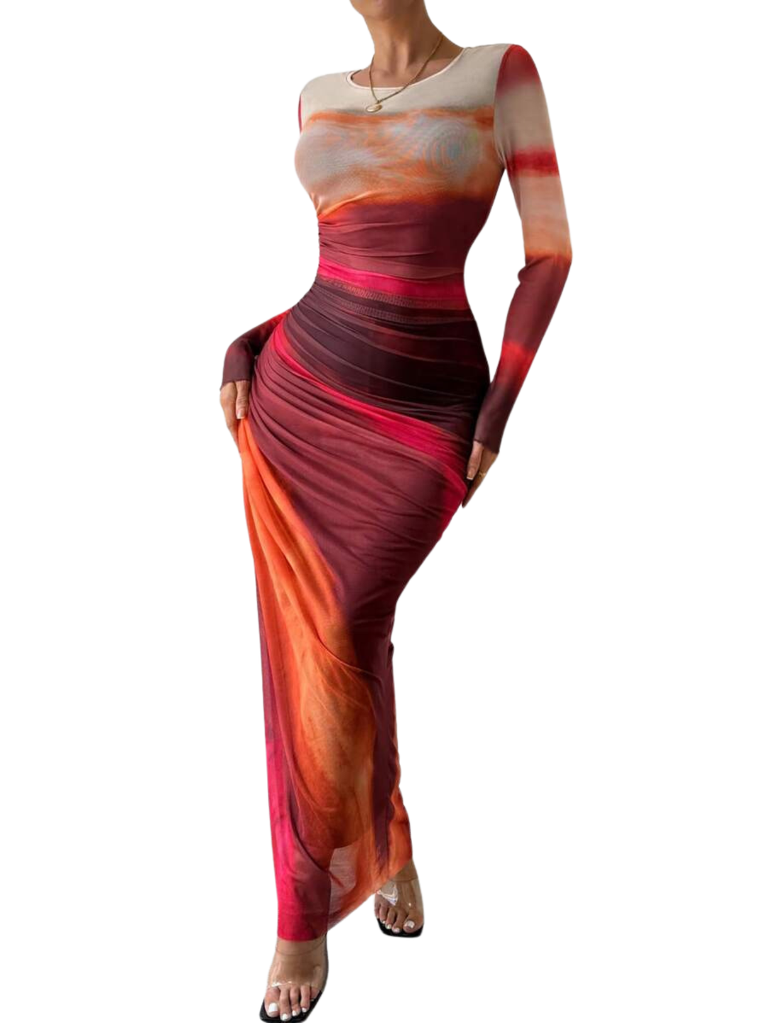 TESSIE™ - Women's All-Over Print Ruched Bodycon Dress Long Sleeve Round Neck Dress for Party