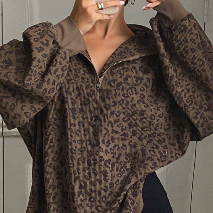 INGRID™ - Women’s Casual Zip-Up Front Leopard Print Sweatshirt Long Sleeve