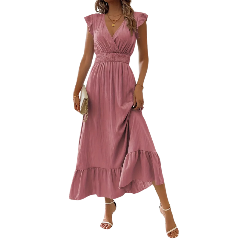 CATALINA™ – Elegant Shirred V Neck Maxi Dress
