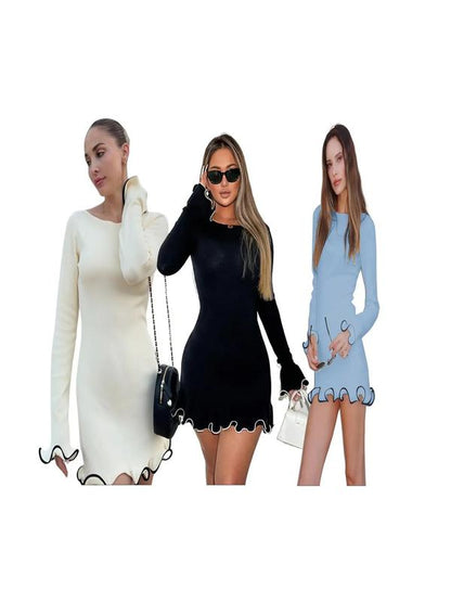 SARAH™ - Elegant Colorblock Wave Hem A-Line Long Sleeve Dress