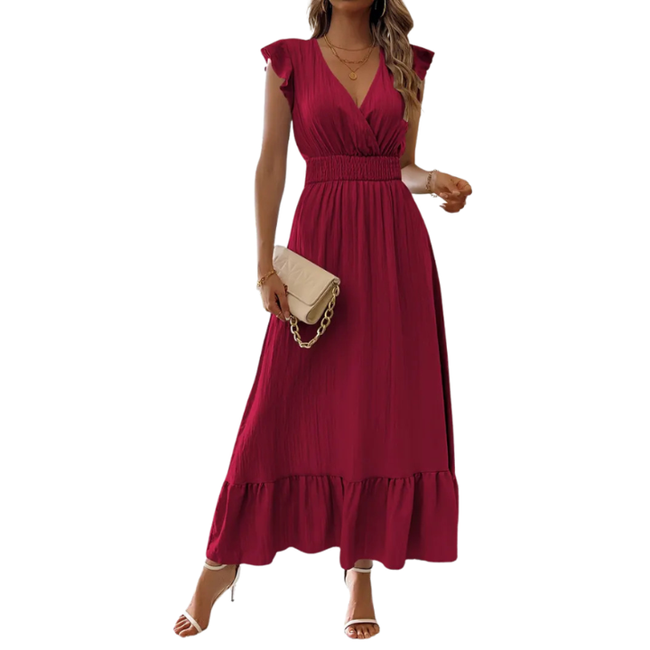 CATALINA™ – Elegant Shirred V Neck Maxi Dress