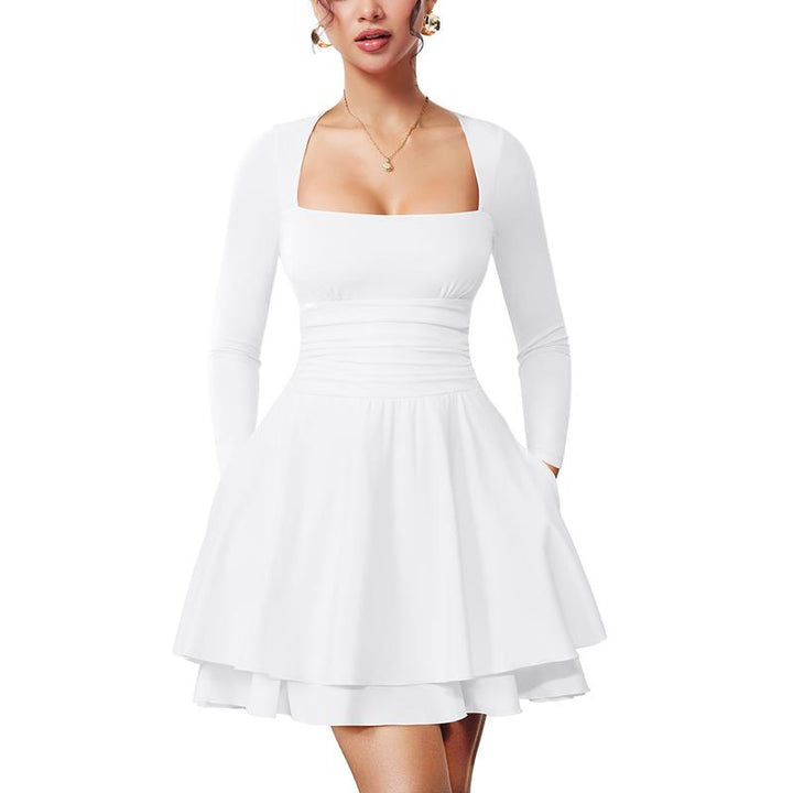 WINONA™ - Women's Square Neck Ruffle Hem Mini Dress Ruched Waist & Long Sleeve