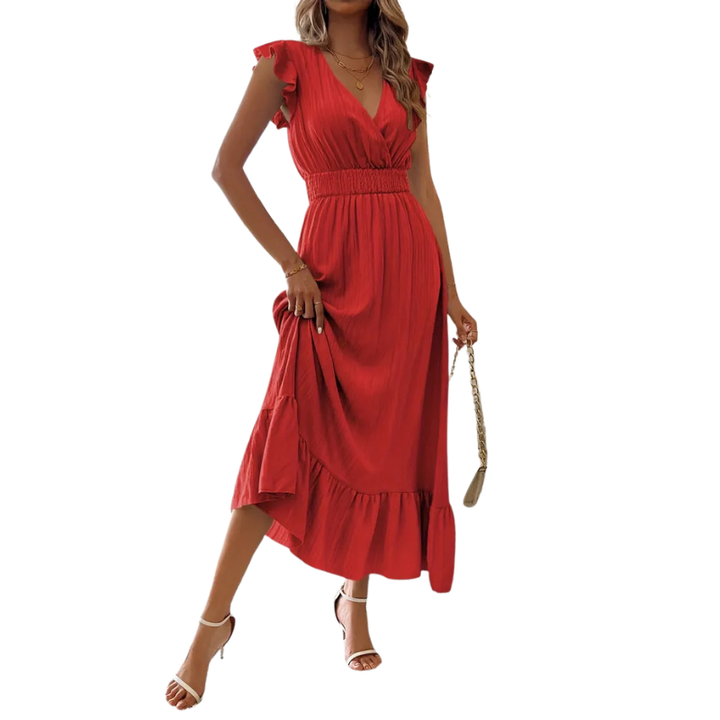 CATALINA™ – Elegant Shirred V Neck Maxi Dress