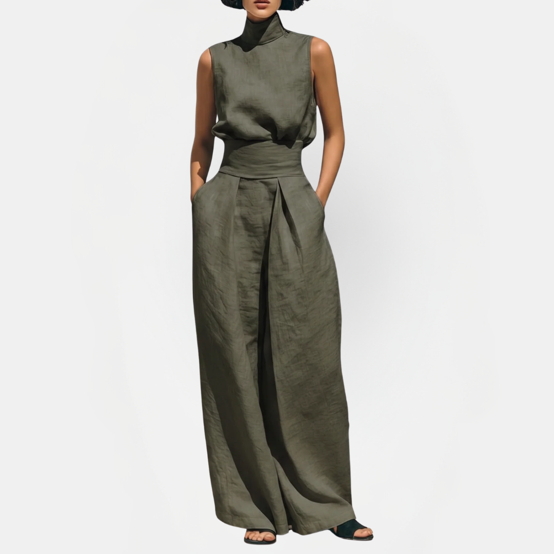 Women's Linen Blend Sleeveless Wide Leg Pants Two Piece Set