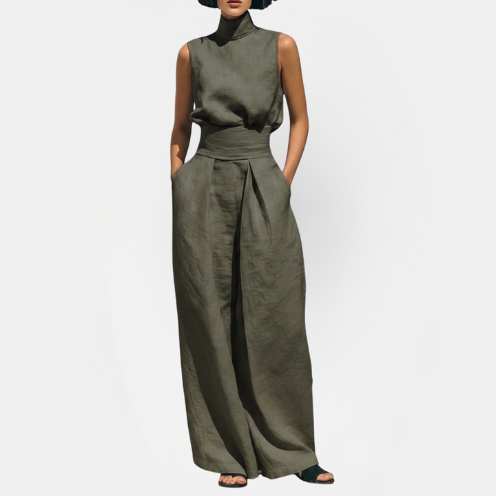 Women's Linen Blend Sleeveless Wide Leg Pants Two Piece Set