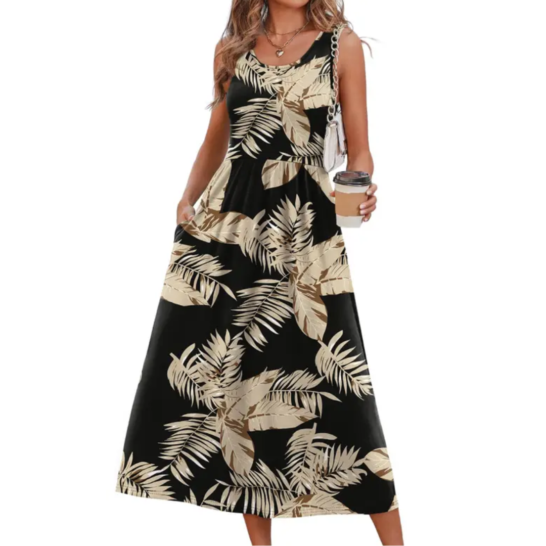 Black Beige Tropical Leaves