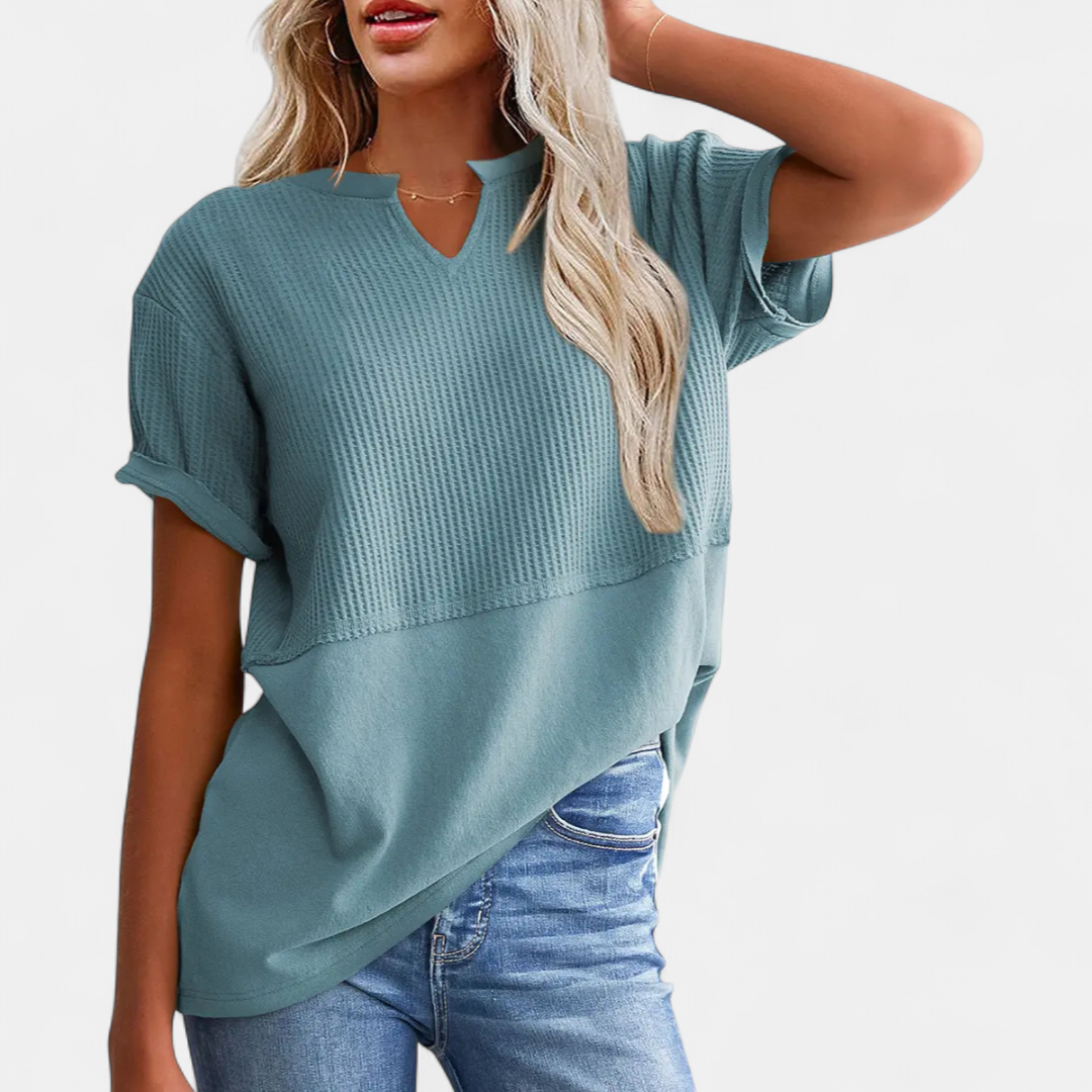 Women's V-Neck Waffle Knit Tunic Top Relaxed Fit Short Sleeve
