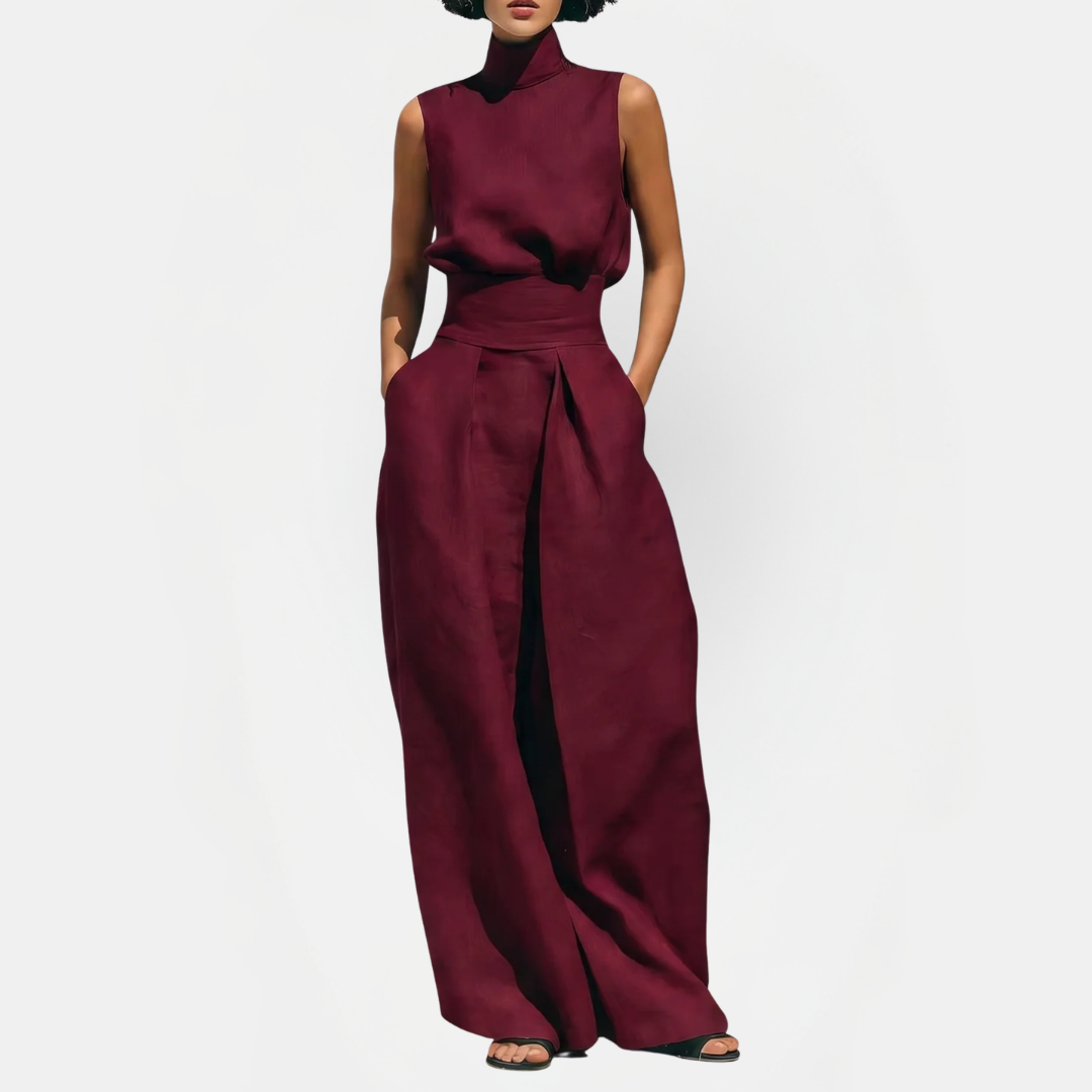Women's Linen Blend Sleeveless Wide Leg Pants Two Piece Set