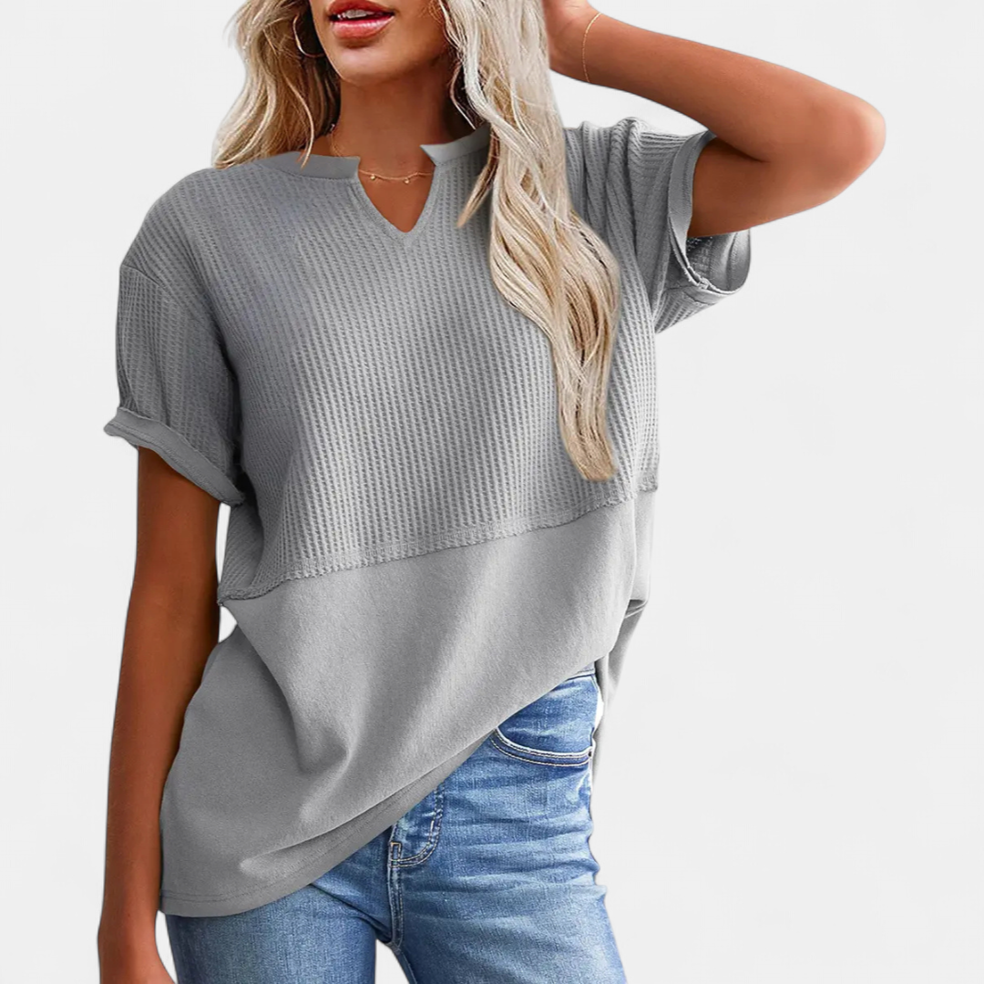 Women's V-Neck Waffle Knit Tunic Top Relaxed Fit Short Sleeve