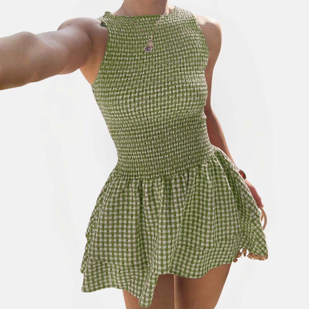 Women's Sleeveless Belted Slim Fit Plaid Mini Dress
