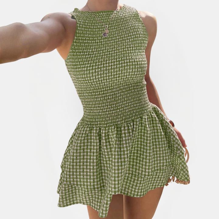 Women's Sleeveless Belted Slim Fit Plaid Mini Dress