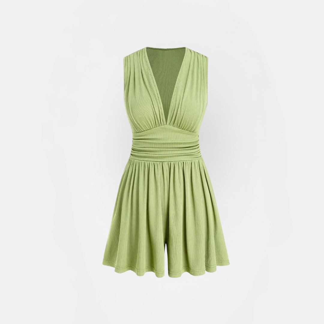 Women's Sleeveless Deep V Neck Ruched Fitted Romper