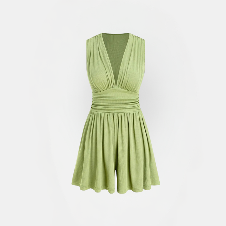 Women's Sleeveless Deep V Neck Ruched Fitted Romper