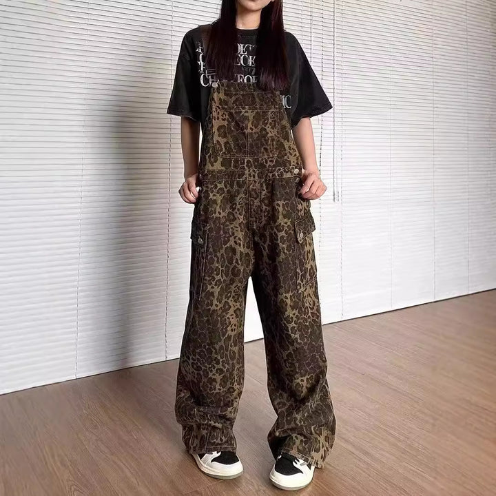 LUNTIAN™ – Vintage Leopard Wide-Leg Overall Jumpsuit