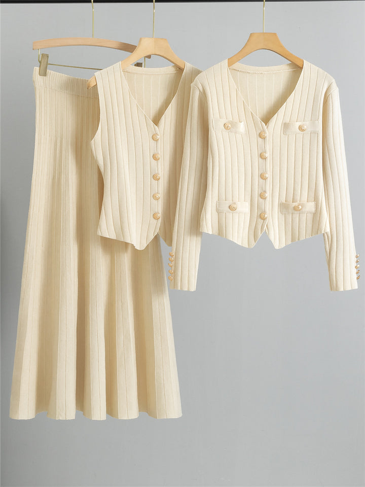 XANDY™ - Elegant V-Neck Buttoned Vest and High Waist Skirt