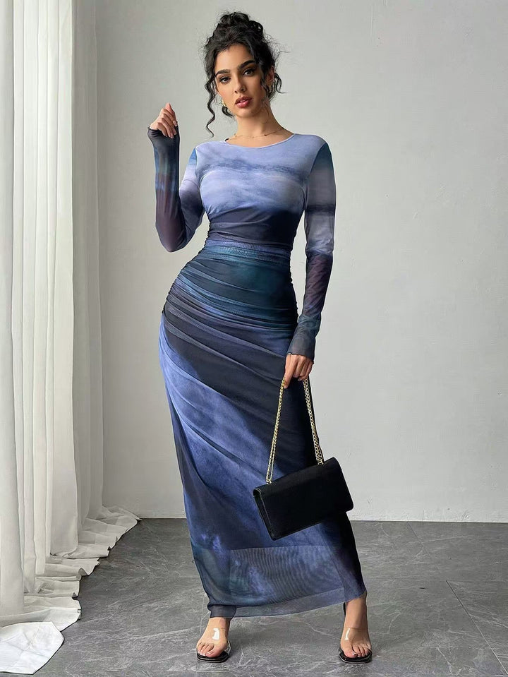 TORINA™ - Comfy Printed Long Sleeve Round Neck Bodycon Maxi Dress