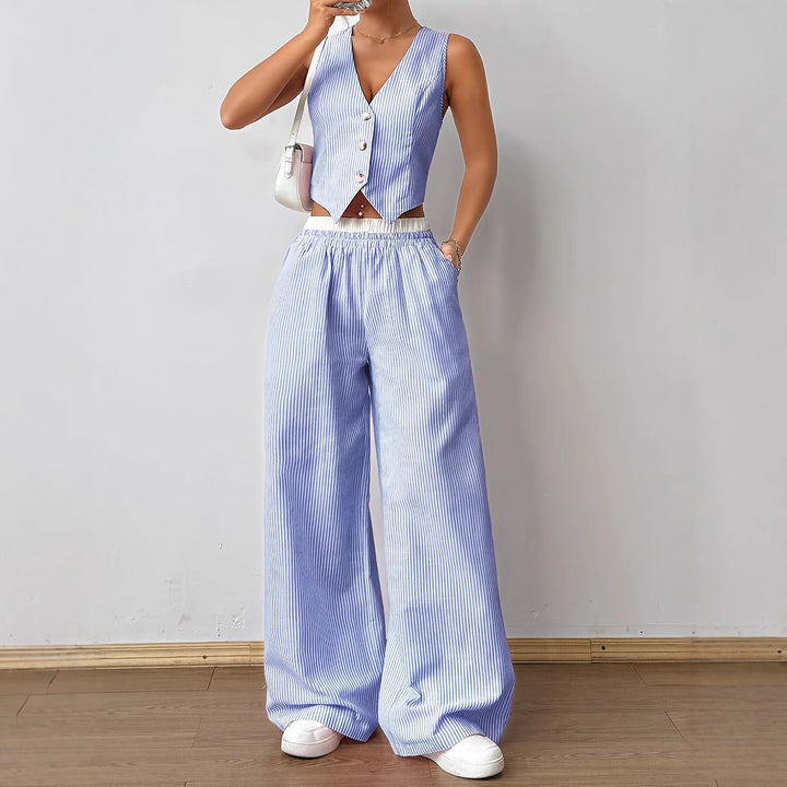 HELENA™ - Elegant Striped Print Vest Top & Wide-Leg Pants Set