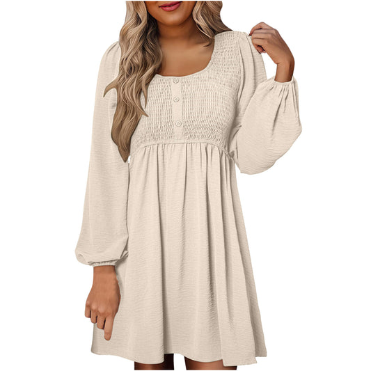 HARPER™ - Casual Smocked Empire Waist A-Line Dress with Button-Up Detail
