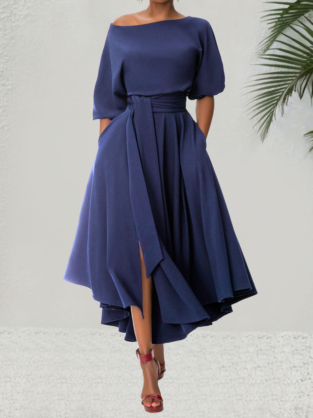 ZEBY™ - Elegant Women's Belted Bishop Sleeve Boat Neck A-Line Dress