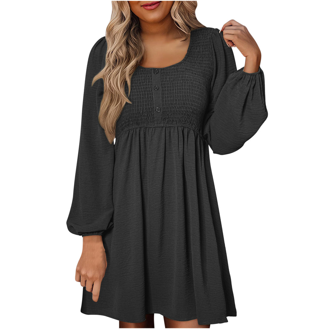 HARPER™ - Casual Smocked Empire Waist A-Line Dress with Button-Up Detail