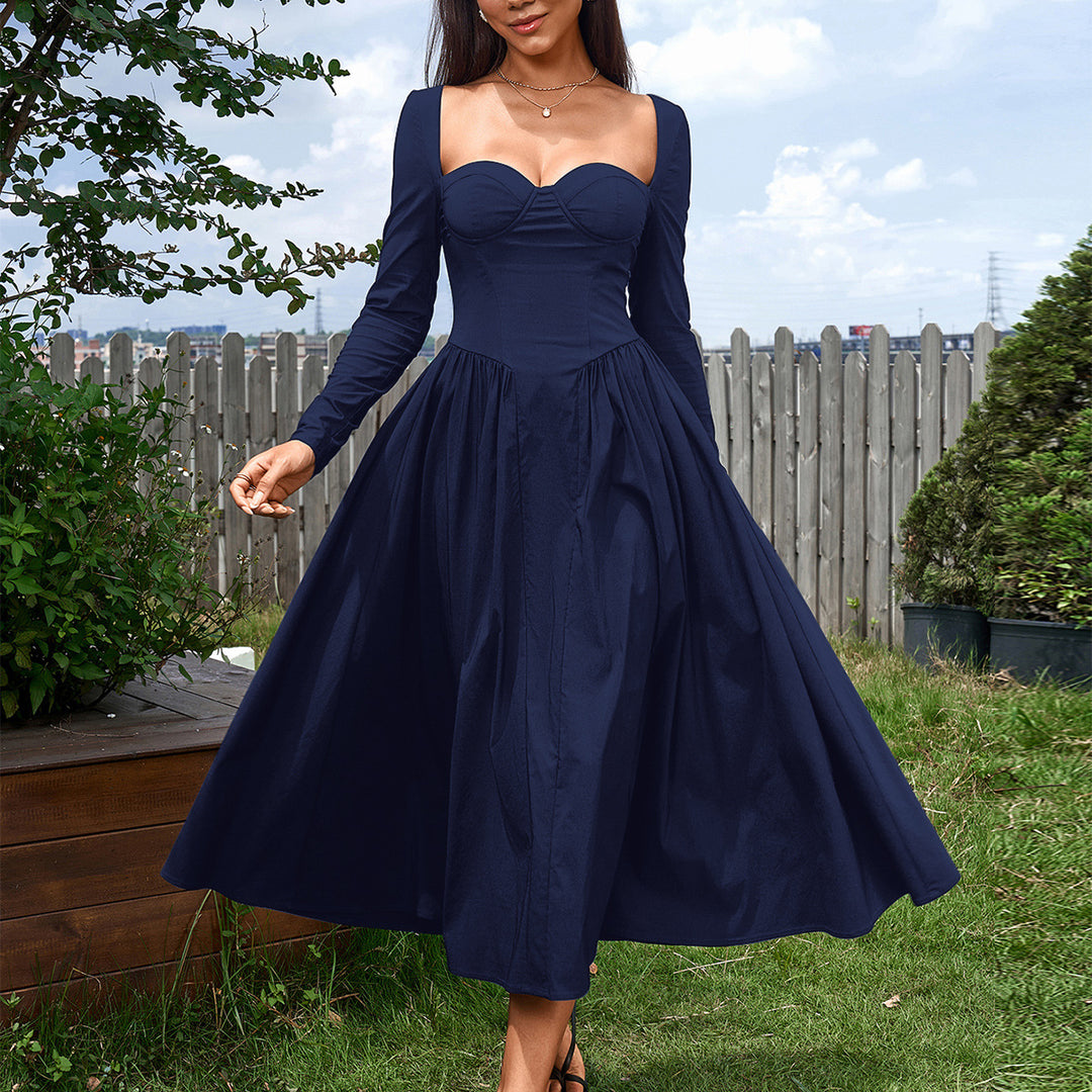 LOE™ - Elegant Heart Neckline Long Sleeve A-Line Maxi Dress