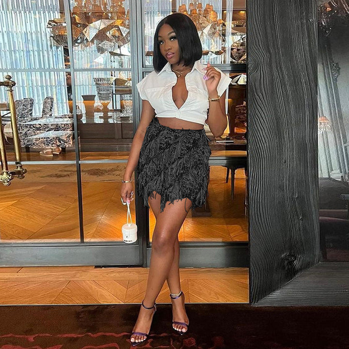 MARIA™ – Chic Fringe Detail High-Waist Mini Skirt