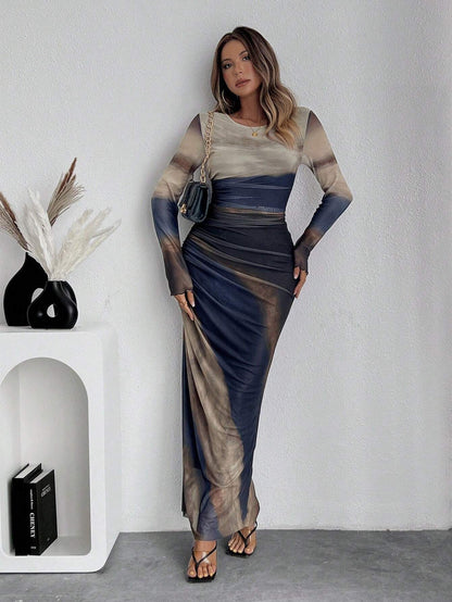 TORINA™ - Comfy Printed Long Sleeve Round Neck Bodycon Maxi Dress