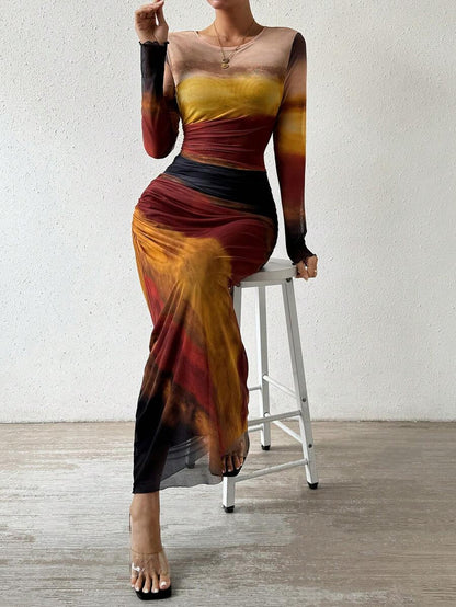 TORINA™ - Comfy Printed Long Sleeve Round Neck Bodycon Maxi Dress