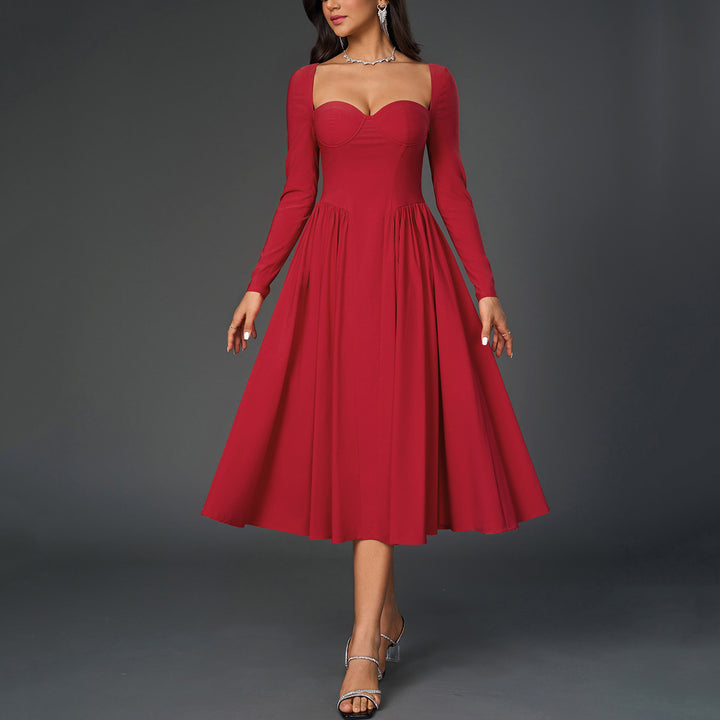 LOE™ - Elegant Heart Neckline Long Sleeve A-Line Maxi Dress