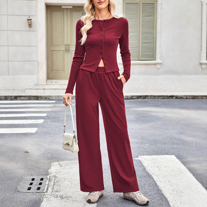 EMELY™ - Slim-Fit Long Sleeve Round Neck Two-Piece Lounge Set