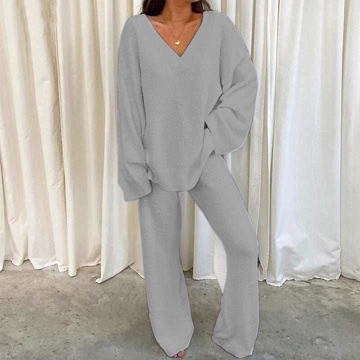 REBECCA™ - Women’s 2-Piece Lounge Set Soft Chunky V-Neck Top & Wide Leg Pants for Homewear