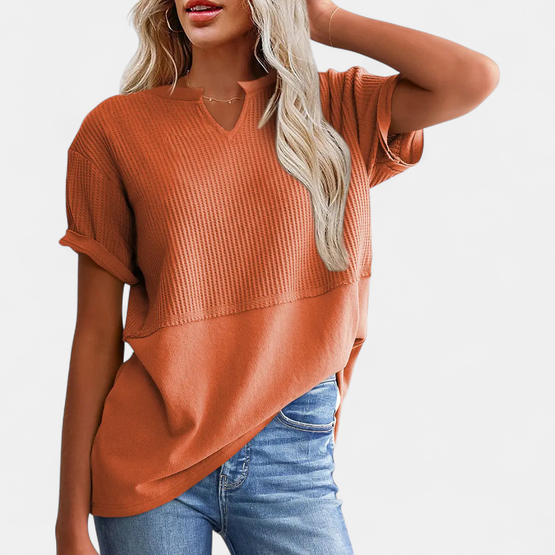 Women's V-Neck Waffle Knit Tunic Top Relaxed Fit Short Sleeve