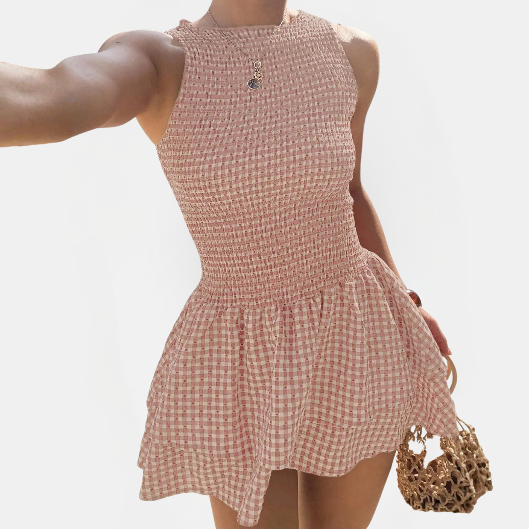 Women's Sleeveless Belted Slim Fit Plaid Mini Dress