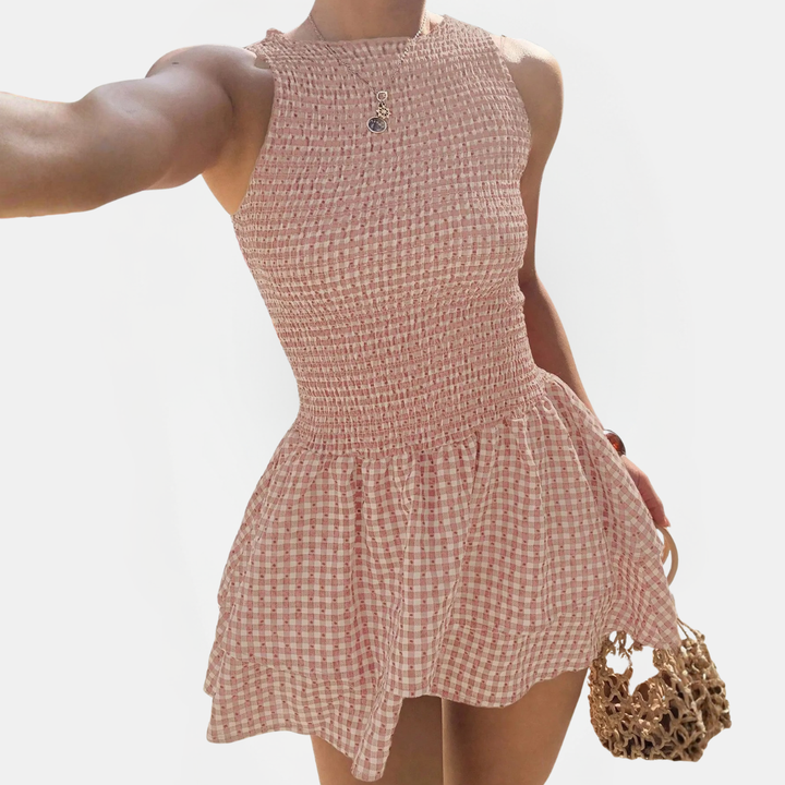 Women's Sleeveless Belted Slim Fit Plaid Mini Dress