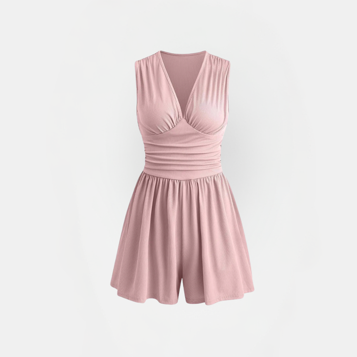 Women's Sleeveless Deep V Neck Ruched Fitted Romper