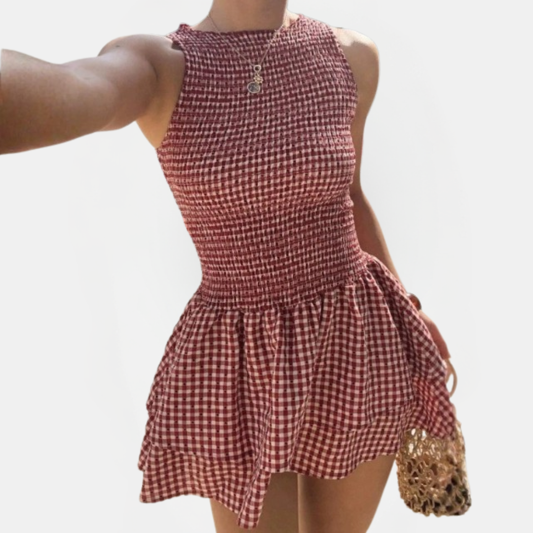 Women's Sleeveless Belted Slim Fit Plaid Mini Dress