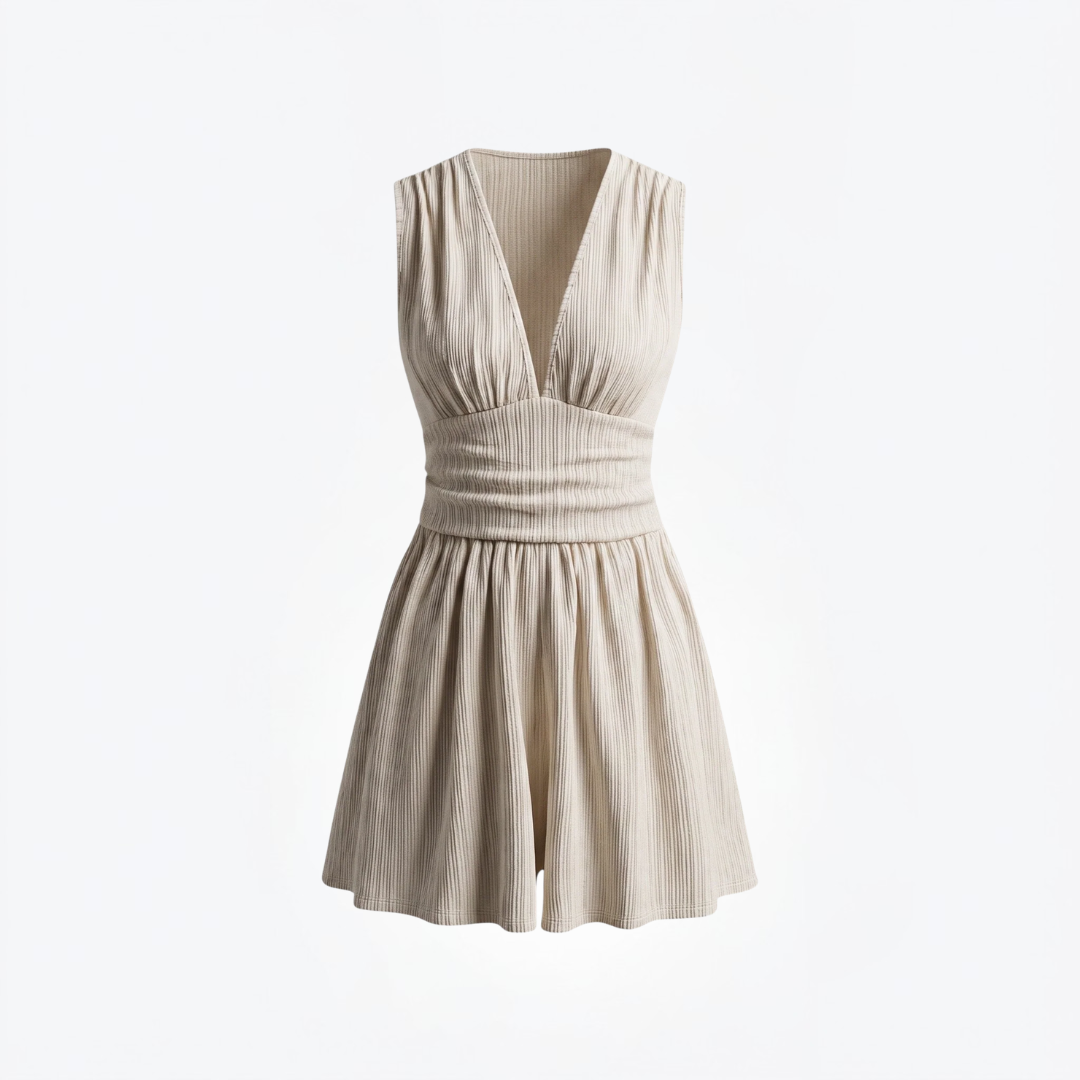 Women's Ruched Deep V Neck Sleeveless Fitted Short Romper