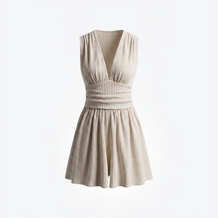 Women's Ruched Deep V Neck Sleeveless Fitted Short Romper