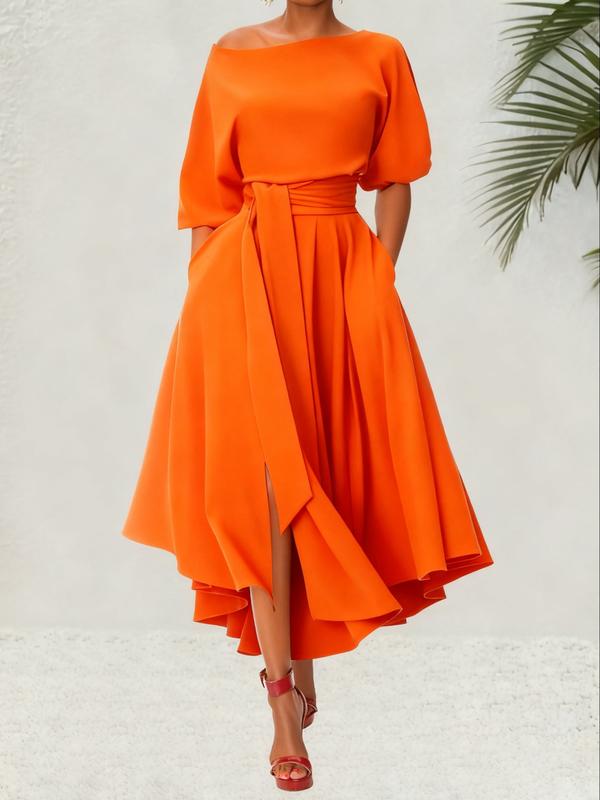 ZEBY™ - Elegant Women's Belted Bishop Sleeve Boat Neck A-Line Dress