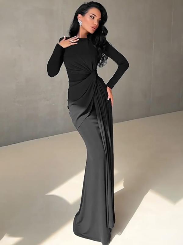 JOSALIE™ - Elegant Ruched Bodycon Dress with Padded Shoulders & Long Sleeve
