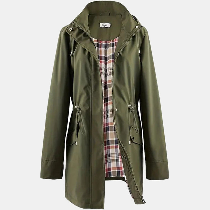 Women's Hooded Long Raincoat, Plaid Lining - Army Green
