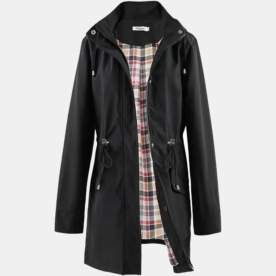 Women's Hooded Long Raincoat, Plaid Lining - Black