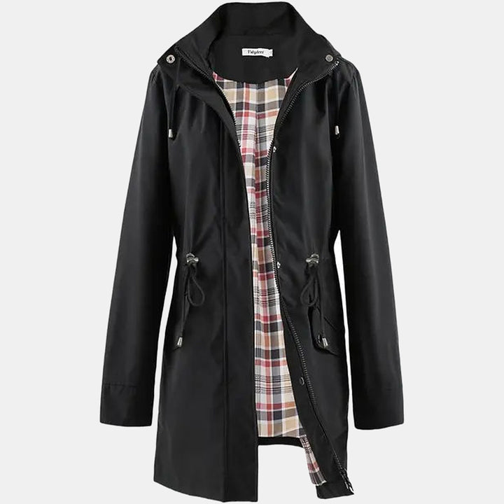 Women's Hooded Long Raincoat, Plaid Lining - Black