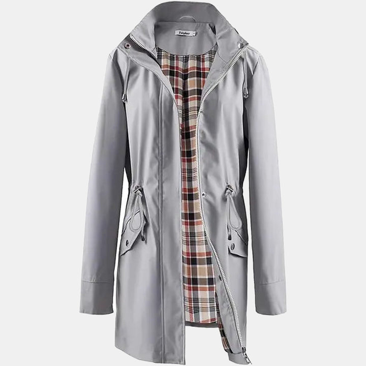 Women's Hooded Long Raincoat, Plaid Lining - Grey