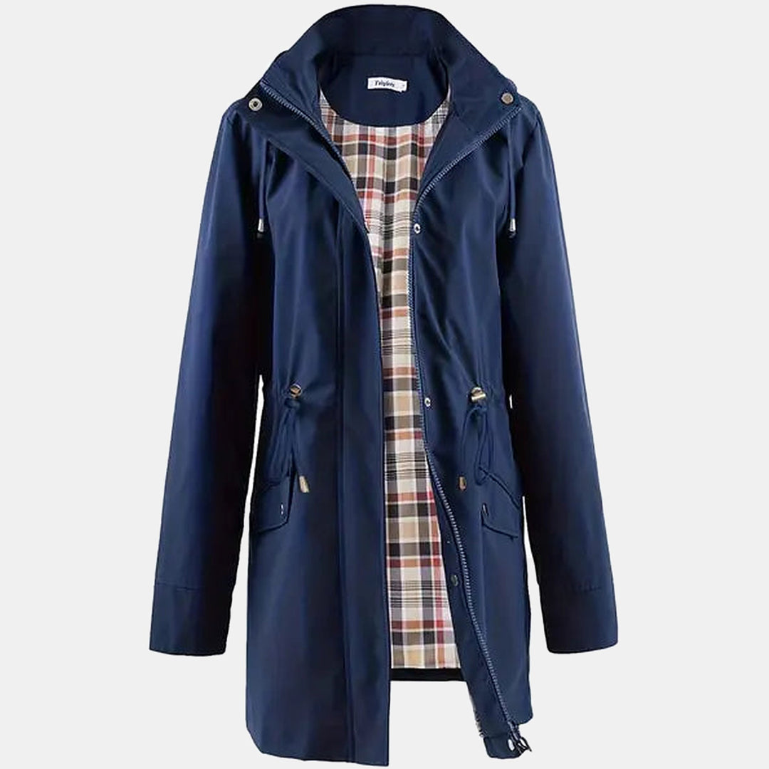 Women's Hooded Long Raincoat, Plaid Lining - Navy