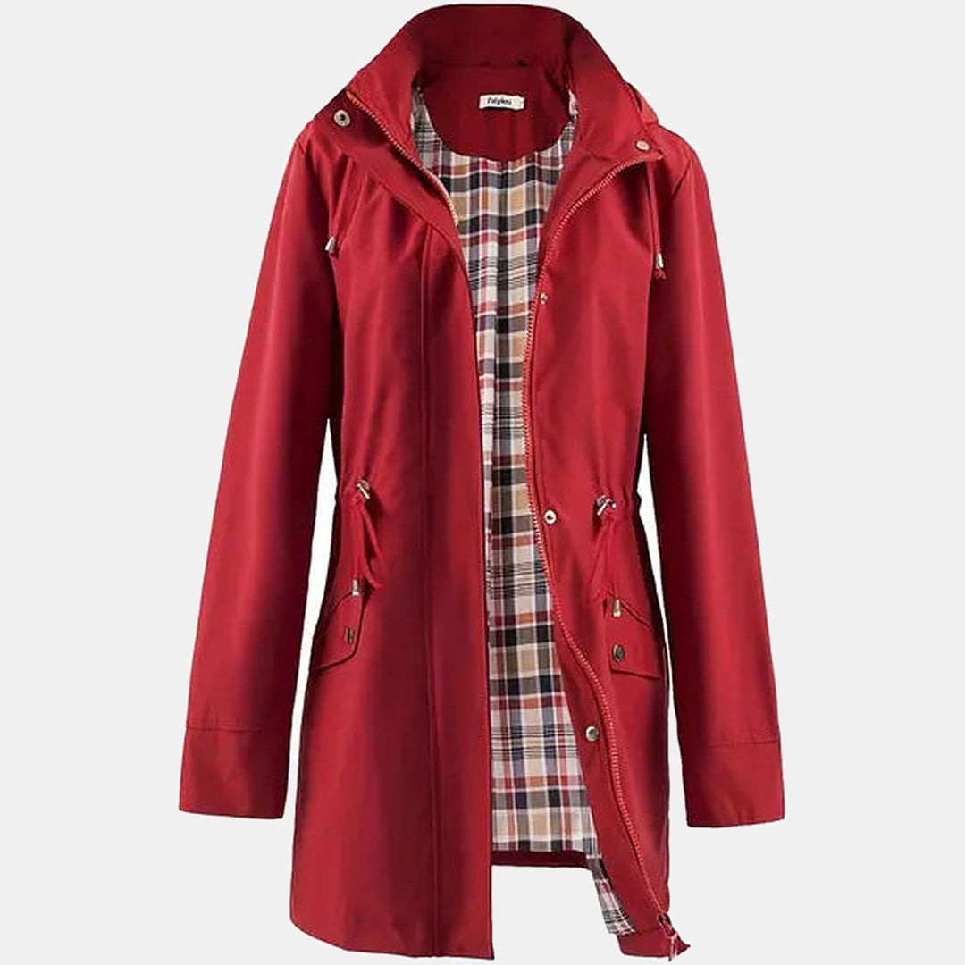 Women's Hooded Long Raincoat, Plaid Lining - Red