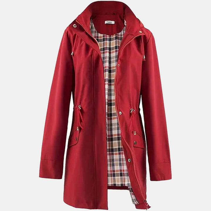 Women's Hooded Long Raincoat, Plaid Lining - Red